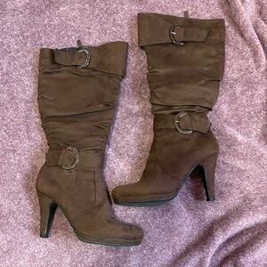 Forever Link Brown Suede-Look High Heel Mid-Calf Boots